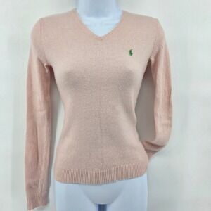 Ralph Lauren Sport Small Pink V Neck Long Sleeve Sweater Wool Cashmere Blend